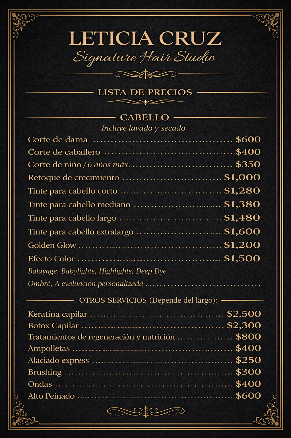Lista de precios de Leticia Cruz Signature Hair Studio